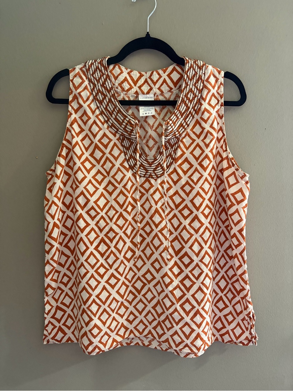 Lands' End 100% Linen Sleeveless Blouse Orange White Geometric Tank Top Boho